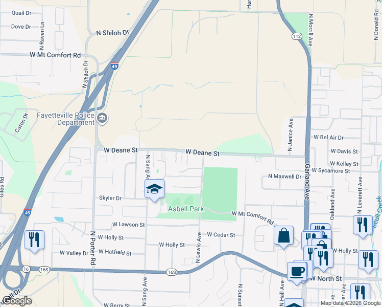 map of restaurants, bars, coffee shops, grocery stores, and more near 1813 West Deane Street in Fayetteville