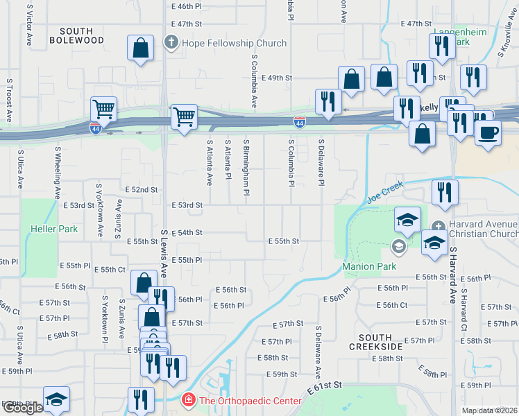 map of restaurants, bars, coffee shops, grocery stores, and more near 5316 South Columbia Avenue in Tulsa