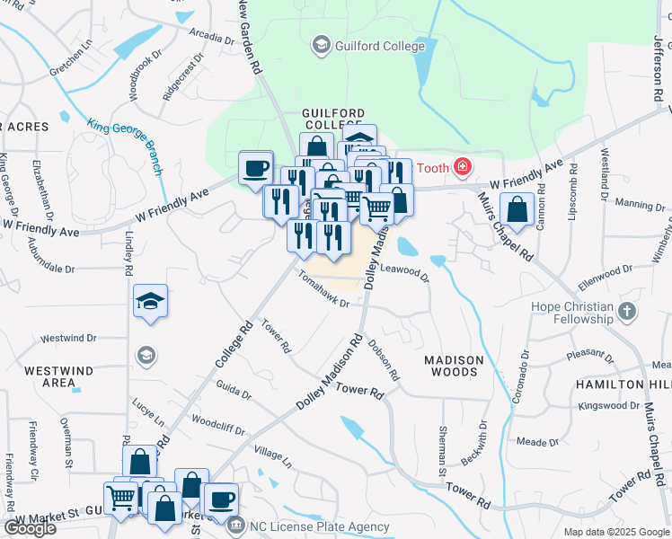 map of restaurants, bars, coffee shops, grocery stores, and more near 5606 Tomahawk Drive in Greensboro