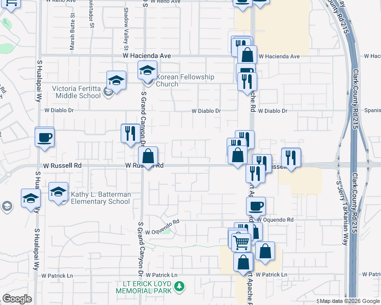 map of restaurants, bars, coffee shops, grocery stores, and more near 9620 West Russell Road in Las Vegas