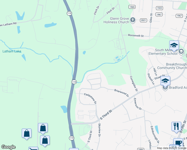 map of restaurants, bars, coffee shops, grocery stores, and more near 412 Tighfield Drive in Mebane