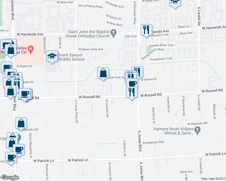 map of restaurants, bars, coffee shops, grocery stores, and more near 5664 Deer Creek Falls Court in Las Vegas