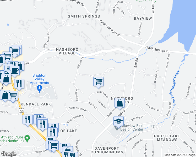 map of restaurants, bars, coffee shops, grocery stores, and more near 646 Flintlock Court in Nashville