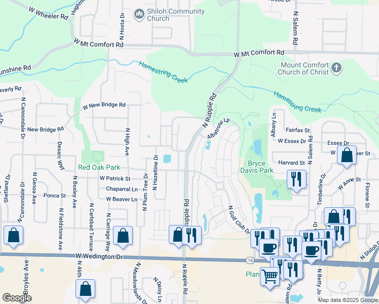 map of restaurants, bars, coffee shops, grocery stores, and more near 1900 North Rupple Road in Fayetteville
