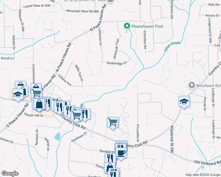 map of restaurants, bars, coffee shops, grocery stores, and more near 168 Queensbury Road in Winston-Salem
