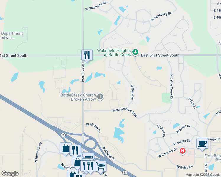 map of restaurants, bars, coffee shops, grocery stores, and more near 1800 West Granger Street in Broken Arrow