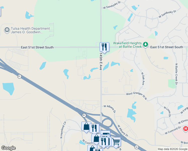 map of restaurants, bars, coffee shops, grocery stores, and more near 3100 South 145 Avenue East in Broken Arrow