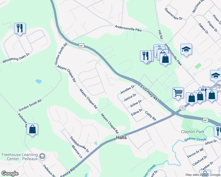 map of restaurants, bars, coffee shops, grocery stores, and more near 7509 Mistywood Road in Knoxville