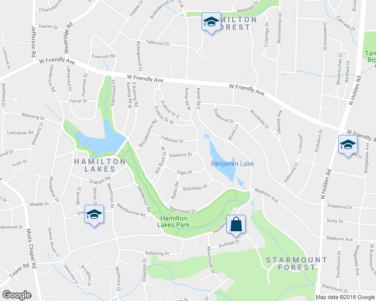 map of restaurants, bars, coffee shops, grocery stores, and more near 106 Hawkins Drive in Greensboro
