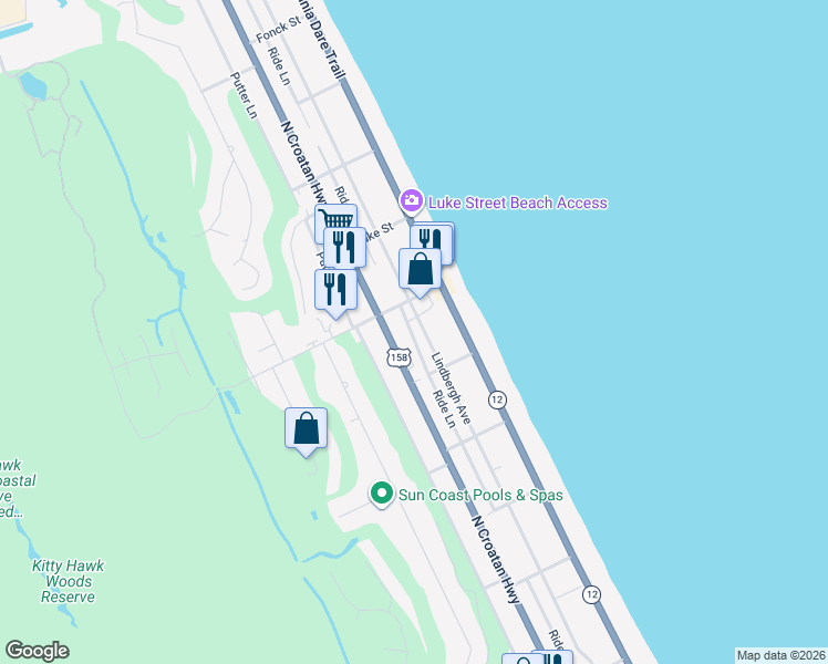 map of restaurants, bars, coffee shops, grocery stores, and more near 4617 North Croatan Highway in Kitty Hawk