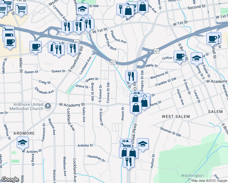 map of restaurants, bars, coffee shops, grocery stores, and more near 416 Duke Street Southwest in Winston-Salem
