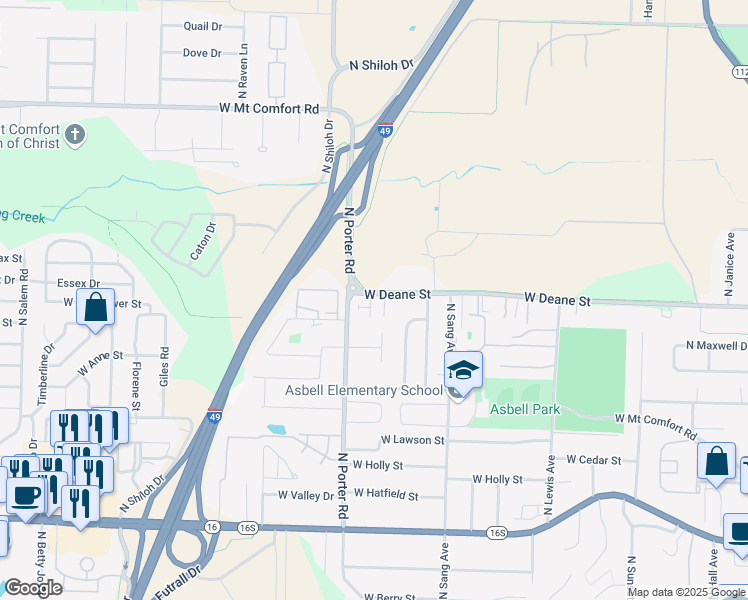 map of restaurants, bars, coffee shops, grocery stores, and more near 2331 West Deane Street in Fayetteville