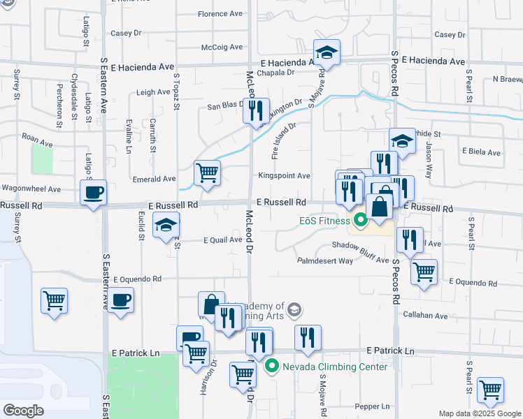 map of restaurants, bars, coffee shops, grocery stores, and more near 3025 East Russell Road in Las Vegas