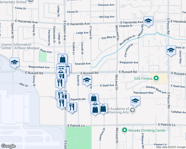 map of restaurants, bars, coffee shops, grocery stores, and more near 2625 East Russell Road in Las Vegas