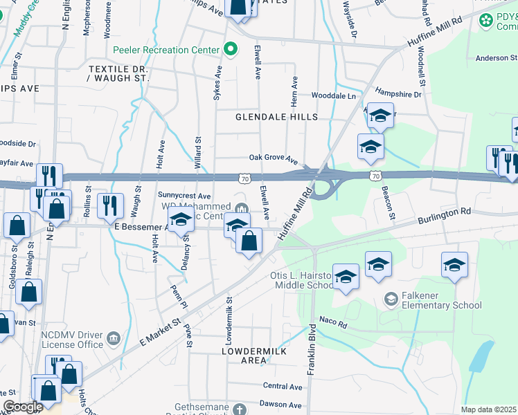 map of restaurants, bars, coffee shops, grocery stores, and more near 3101 East Bessemer Avenue in Greensboro