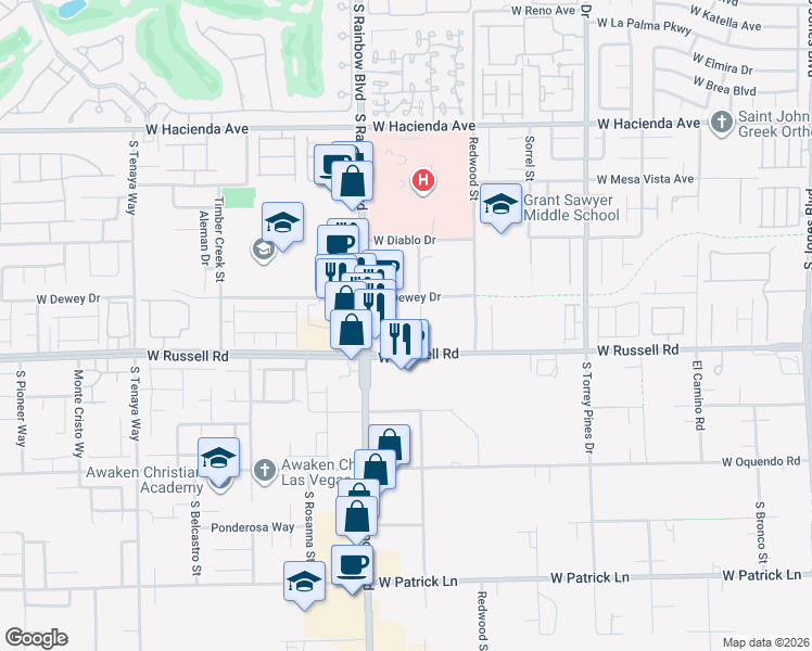 map of restaurants, bars, coffee shops, grocery stores, and more near 6846 West Russell Road in Las Vegas