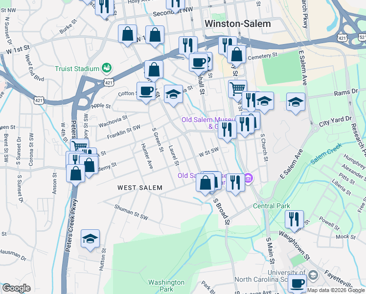 map of restaurants, bars, coffee shops, grocery stores, and more near 632 Mulberry Street Southwest in Winston-Salem