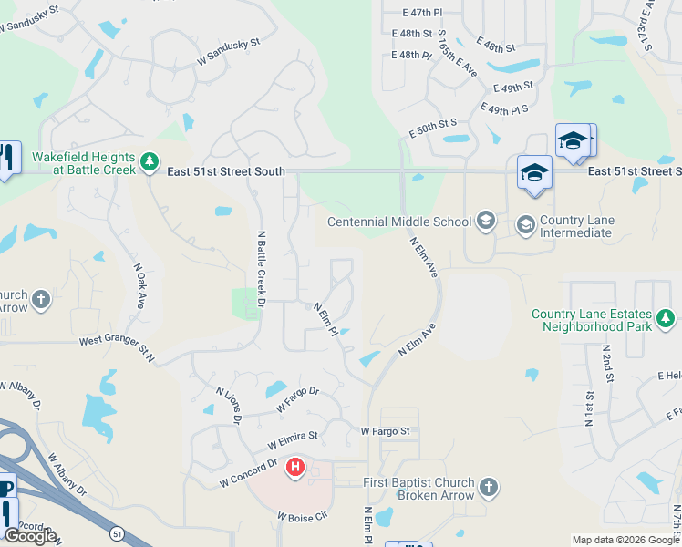 map of restaurants, bars, coffee shops, grocery stores, and more near 713 West Indianapolis Street in Broken Arrow