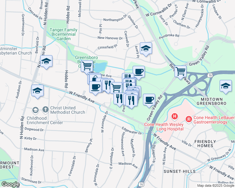 map of restaurants, bars, coffee shops, grocery stores, and more near 3200 West Friendly Avenue in Greensboro