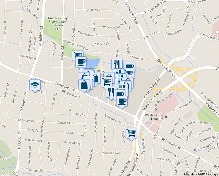 map of restaurants, bars, coffee shops, grocery stores, and more near 3200 West Friendly Avenue in Greensboro