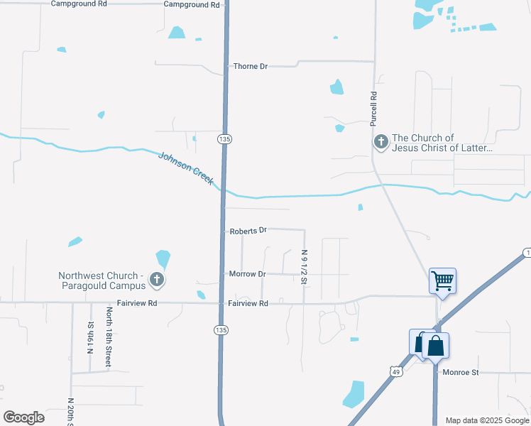 map of restaurants, bars, coffee shops, grocery stores, and more near 1113 Roberts Drive in Paragould