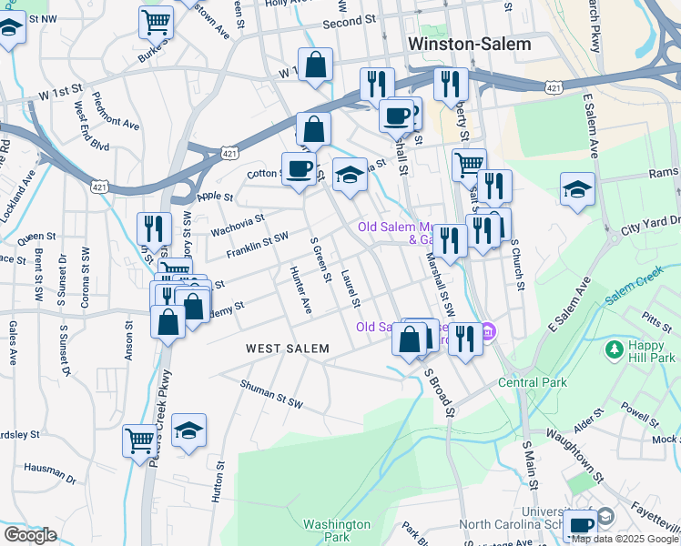 map of restaurants, bars, coffee shops, grocery stores, and more near 608 Laurel Street in Winston-Salem