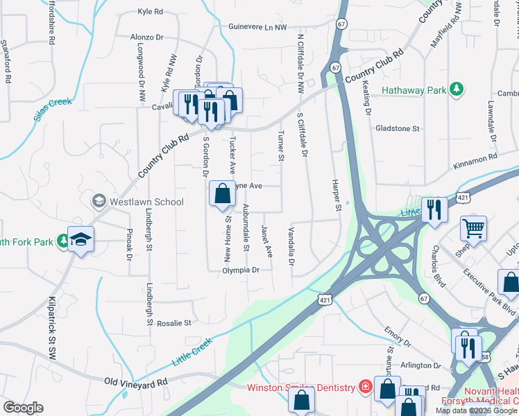 map of restaurants, bars, coffee shops, grocery stores, and more near 3818 Fritz Street Southwest in Winston-Salem