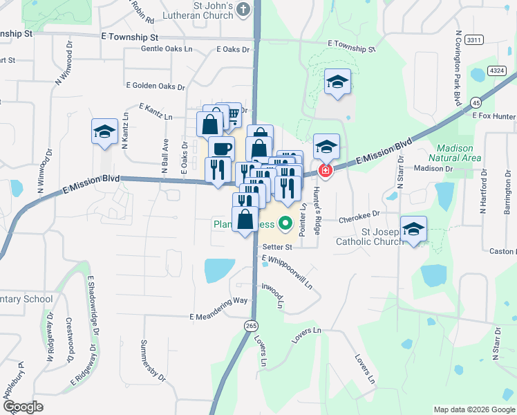 map of restaurants, bars, coffee shops, grocery stores, and more near 1822 North Crossover Road in Fayetteville
