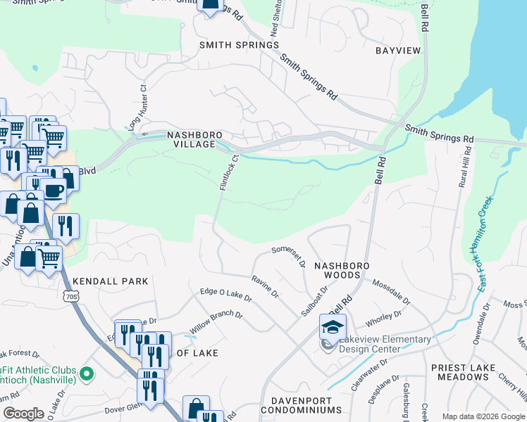 map of restaurants, bars, coffee shops, grocery stores, and more near 684 Flintlock Court in Nashville