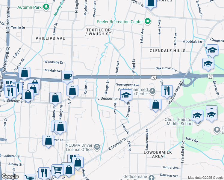 map of restaurants, bars, coffee shops, grocery stores, and more near 600 Holt Avenue in Greensboro