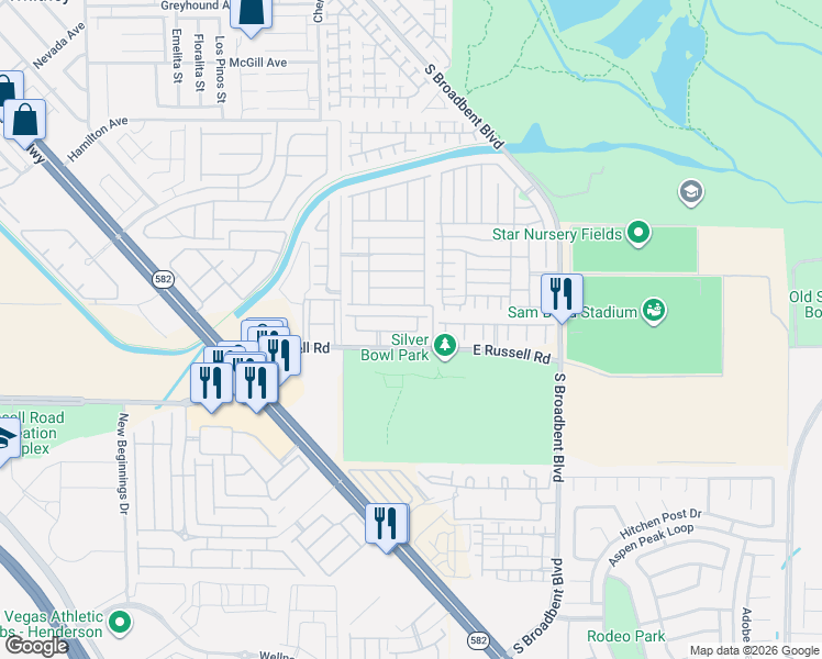 map of restaurants, bars, coffee shops, grocery stores, and more near 6759-6775 East Russell Road in Las Vegas