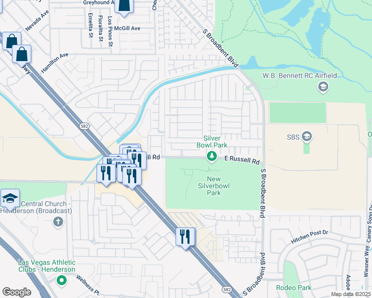 map of restaurants, bars, coffee shops, grocery stores, and more near 6650 East Russell Road in Las Vegas