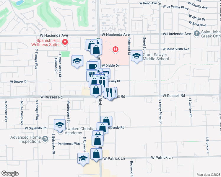 map of restaurants, bars, coffee shops, grocery stores, and more near 6846 West Russell Road in Las Vegas
