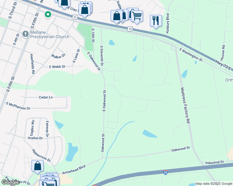 map of restaurants, bars, coffee shops, grocery stores, and more near Enterprise Lane in Mebane