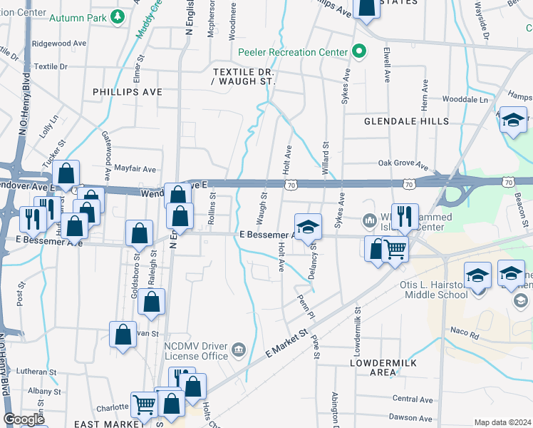map of restaurants, bars, coffee shops, grocery stores, and more near 600 Holt Avenue in Greensboro