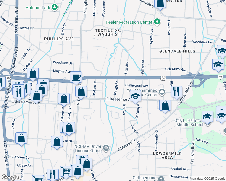 map of restaurants, bars, coffee shops, grocery stores, and more near 2615 East Bessemer Avenue in Greensboro