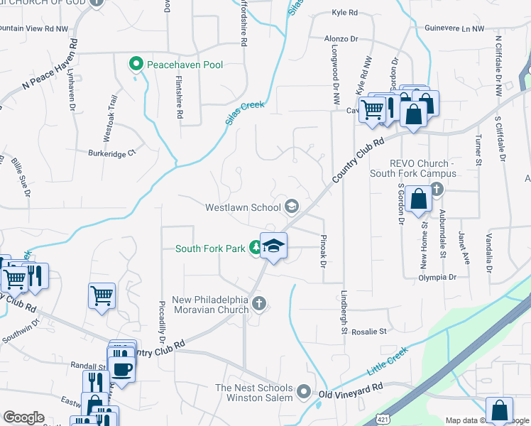map of restaurants, bars, coffee shops, grocery stores, and more near 206 Ridge Forest Court in Winston-Salem
