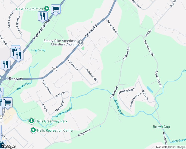 map of restaurants, bars, coffee shops, grocery stores, and more near 7321 Palmleaf Road in Knoxville