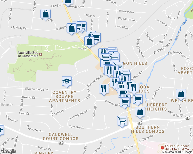 map of restaurants, bars, coffee shops, grocery stores, and more near 411 Elysian Fields Road in Nashville