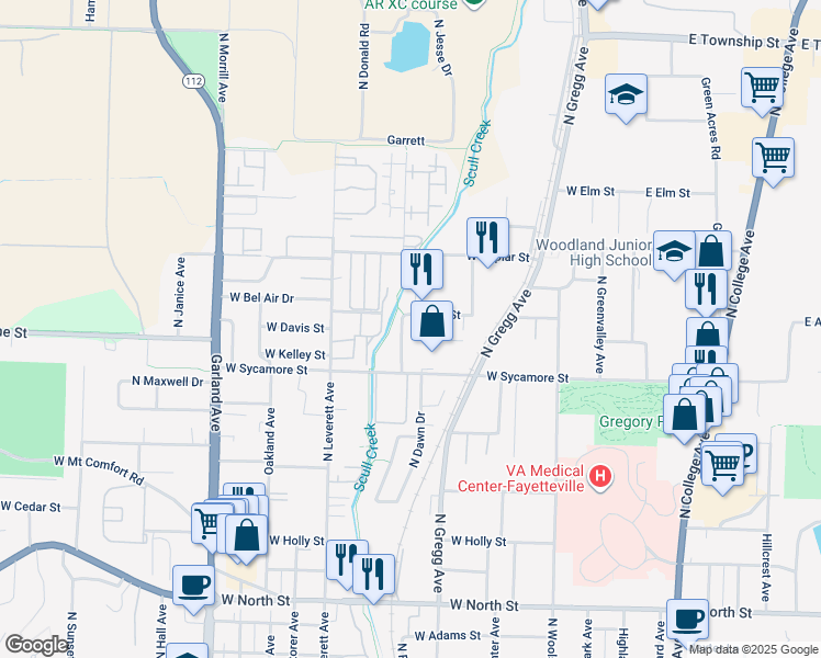 map of restaurants, bars, coffee shops, grocery stores, and more near 622 West Sycamore Street in Fayetteville