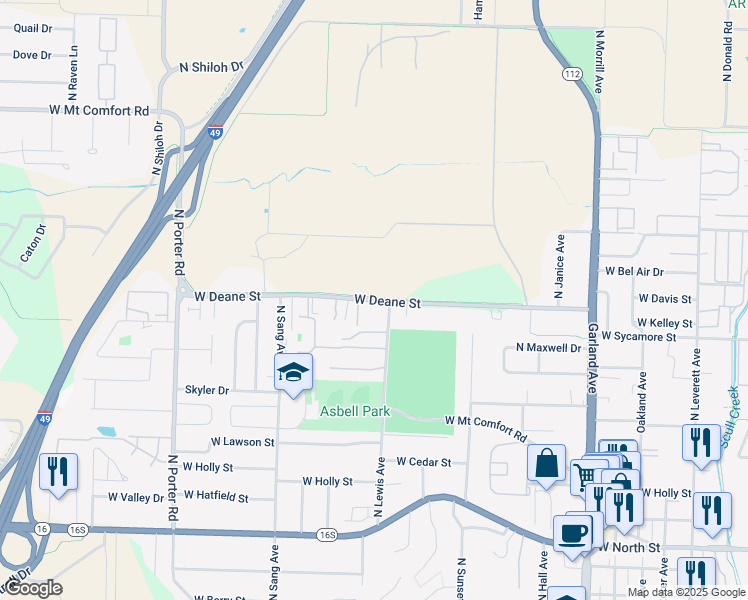 map of restaurants, bars, coffee shops, grocery stores, and more near 1813 West Deane Street in Fayetteville