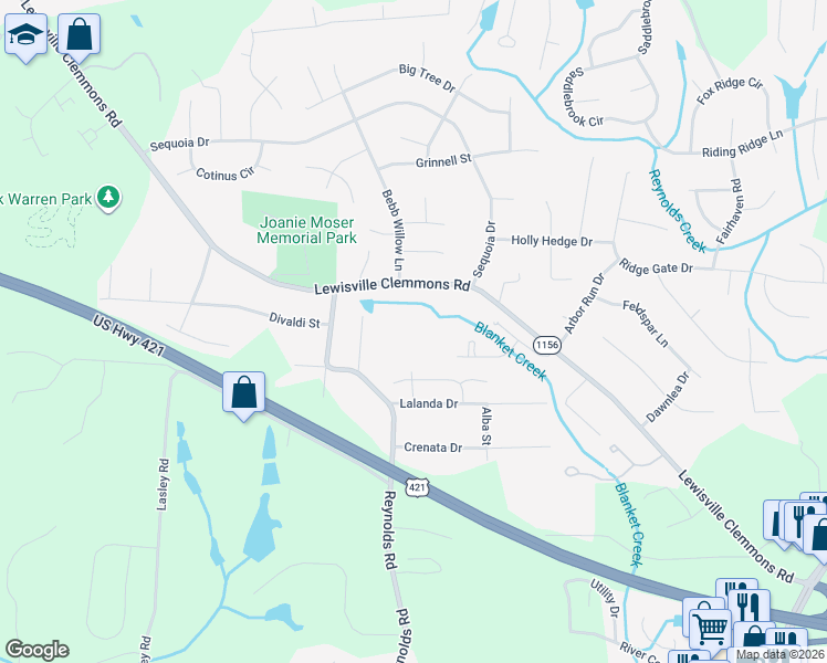map of restaurants, bars, coffee shops, grocery stores, and more near 760 Lewisville Clemmons Road in Lewisville