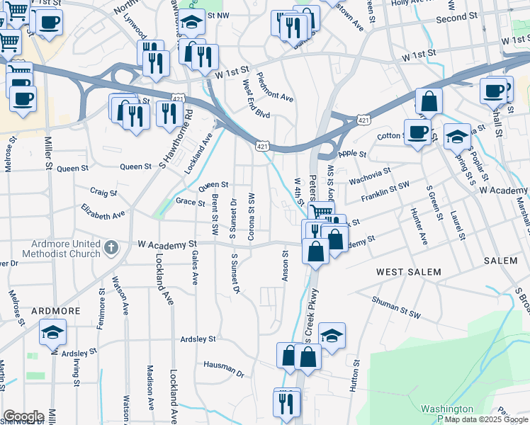 map of restaurants, bars, coffee shops, grocery stores, and more near 416 Duke Street Southwest in Winston-Salem