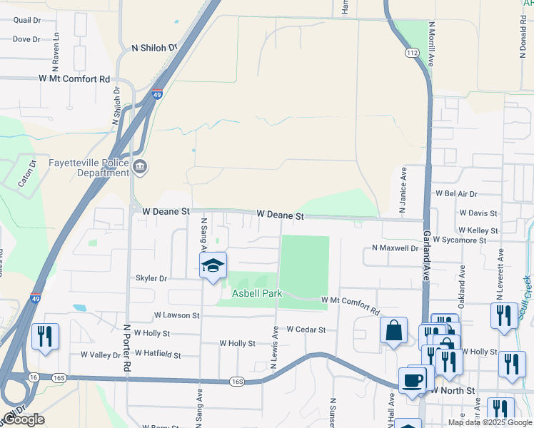 map of restaurants, bars, coffee shops, grocery stores, and more near 1813 West Deane Street in Fayetteville
