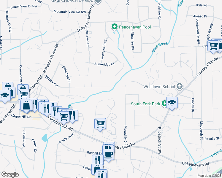 map of restaurants, bars, coffee shops, grocery stores, and more near 4806 Tiffany Avenue in Winston-Salem
