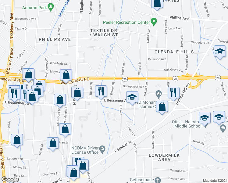map of restaurants, bars, coffee shops, grocery stores, and more near 606 Waugh Street in Greensboro