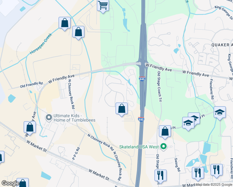 map of restaurants, bars, coffee shops, grocery stores, and more near 7029 West Friendly Avenue in Greensboro