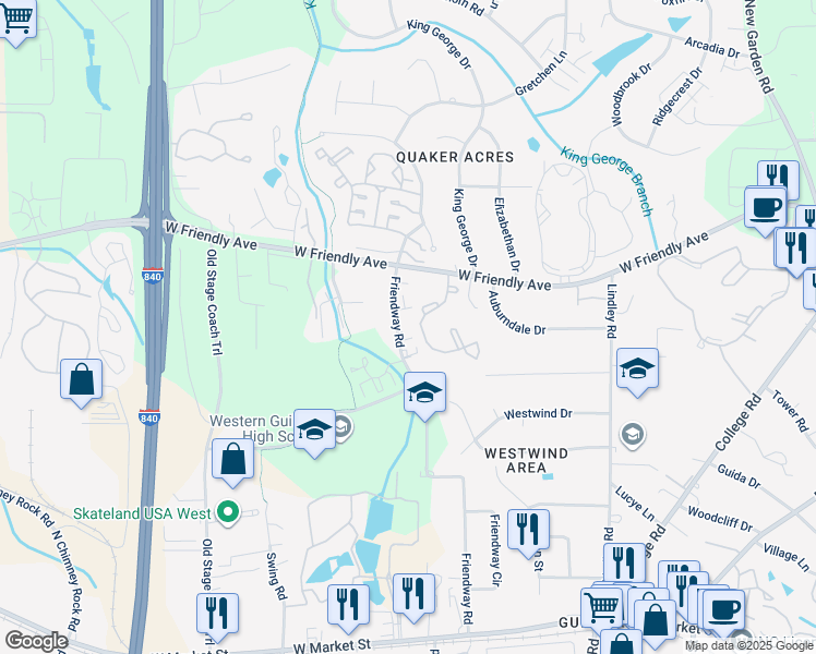 map of restaurants, bars, coffee shops, grocery stores, and more near 608 Friendway Road in Greensboro
