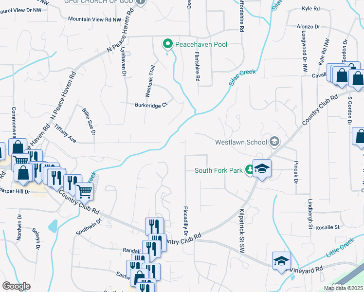 map of restaurants, bars, coffee shops, grocery stores, and more near 346 Piccadilly Drive in Winston-Salem