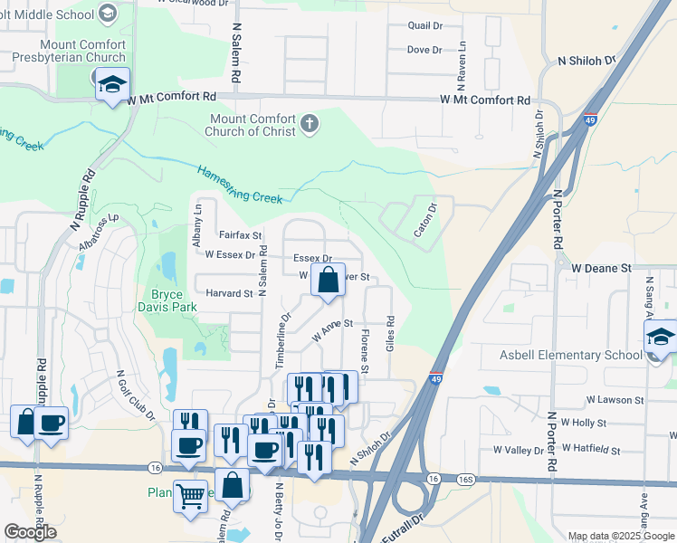 map of restaurants, bars, coffee shops, grocery stores, and more near 3090 West Wildflower Street in Fayetteville